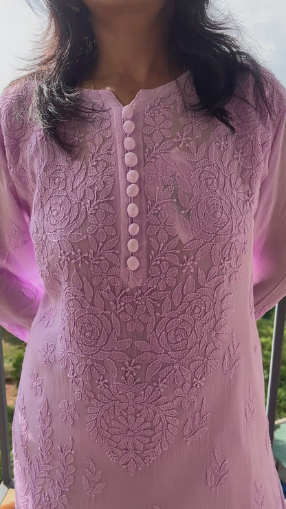 Viscose Chikankari Solid Women's Long Kurta set  with Inner - lavender